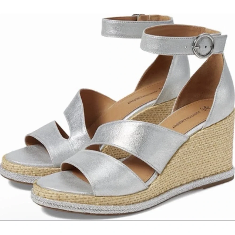 Johnston & Murphy 8 M Marcia Leather Espadrille Wedge Sandals Silver Metallic
